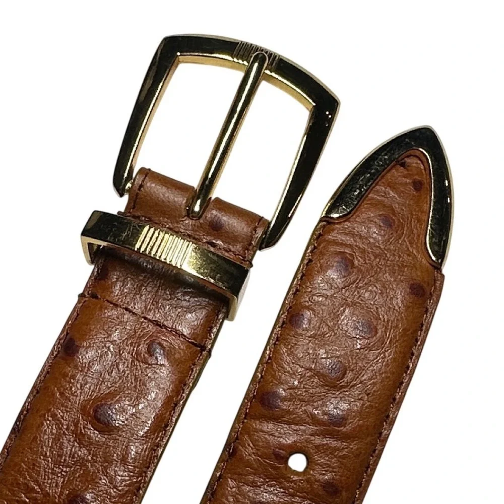 Irvine Park Mens Cognac‎ Ostrich Embossed Italian Leather Belt Gold Hardware 2XL